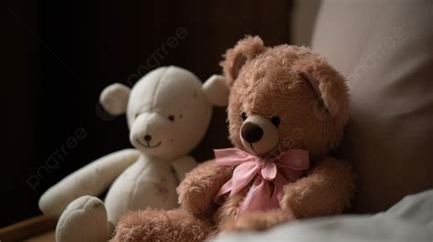 Teddy Bears In The Bed Background A Brown Wool Stuffed Bear And A Pink