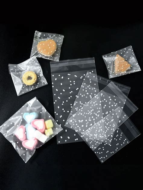 100pcs Clear Plastic Self Adhesive Candy Cookies Bag With White Polka