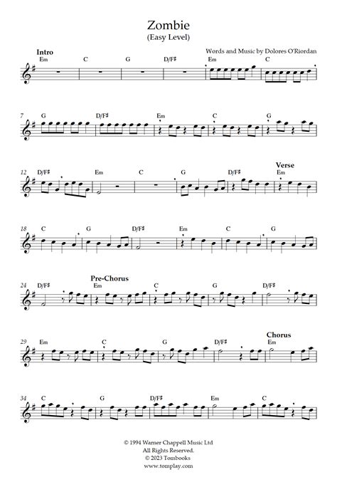 Zombie Easy Level Tenor Sax The Cranberries Saxophone Sheet Music