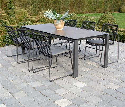 Contemporary HPL Rectangle Garden Dining Table With 6 Slimline Rope