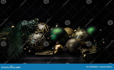 Glittering Green And Gold Christmas Decor On Black Background Stock