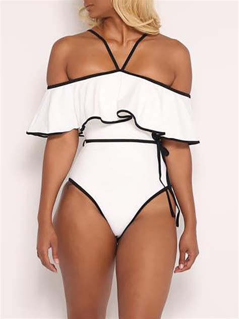 Contrast Binding Frilled Off Shoulder One Piece Swimwear Online