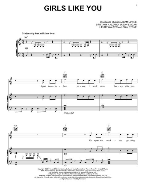 Maroon 5 'Girls Like You' Sheet Music Notes, Chords, Score. Download Printable PDF Score ...