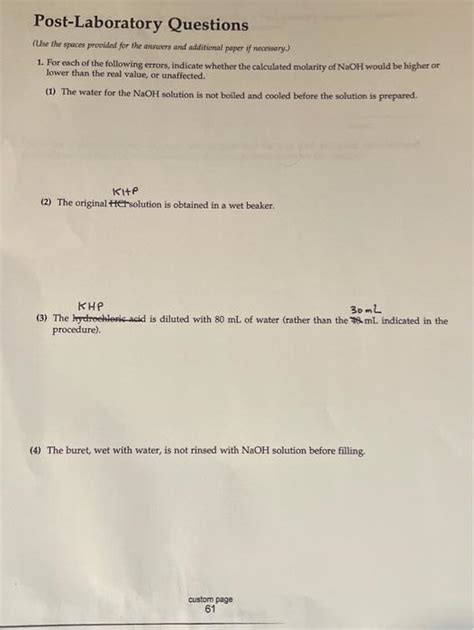 Solved Post Laboratory Questions Use The Spaces Provided Chegg