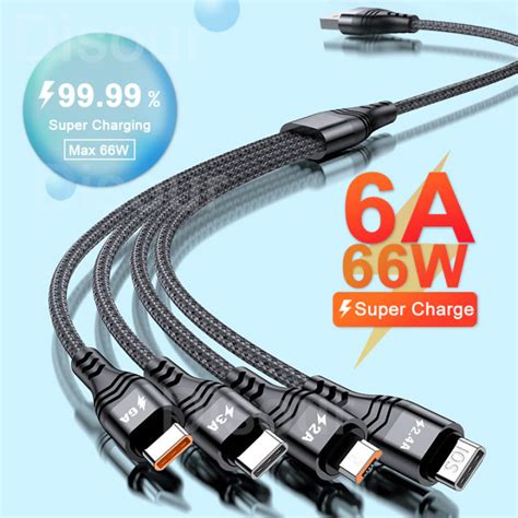 Disour New 6a Super Fast Charging Cable 4 In 1 Nylon Braided Cable Ios Micro Usb Type C 6a 66w