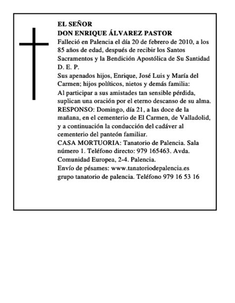 Don Enrique Lvarez Pastor Esquela Necrol Gica El Norte De Castilla