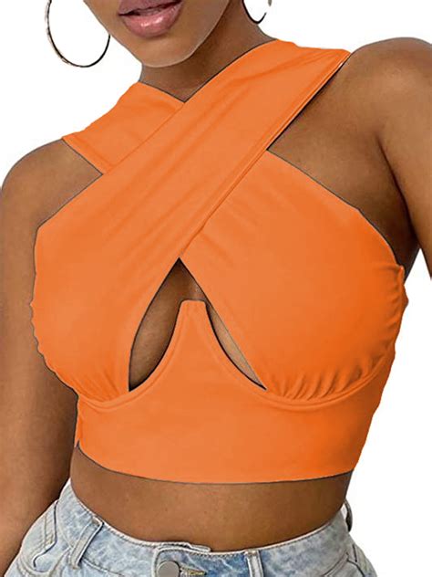 Focusnorm Criss Cross Halter Tops For Women Sexy Cutout Wrap Crop Top