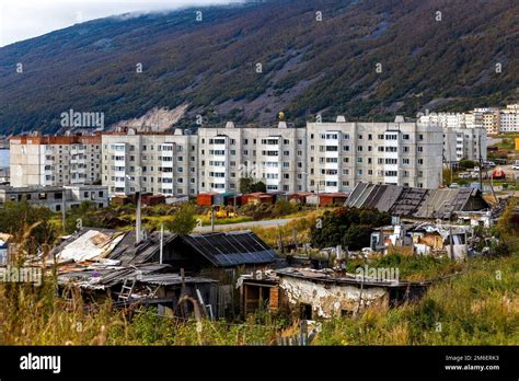 Autumn Magadan Russia Old Wooden Houses In The Center Of