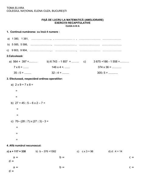 Academiaabc Fi De Lucru Matematic Exerci Ii Recapitulative Clasa A