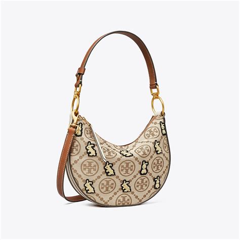 Tory Burch Mini T Monogram Embroidered Rabbit Crescent Bag In Hazelnut Modesens