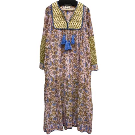 エスゼット ブロックプリント SZ Blockprints Silk Jodhpur Dress総柄コットンシルクドレスワンピース ピンク