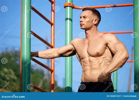 Strong Caucasian Man Taking Break After Workout Outdoors Stock Image Image Of Caucasian