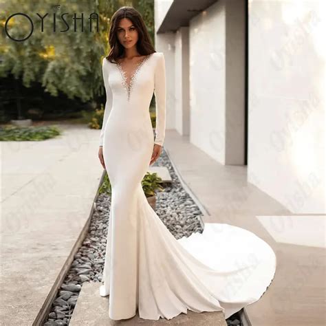 Oyisha Full Sleeves Mermaid Wedding Dresses Elegant Satin V Neck Bridal