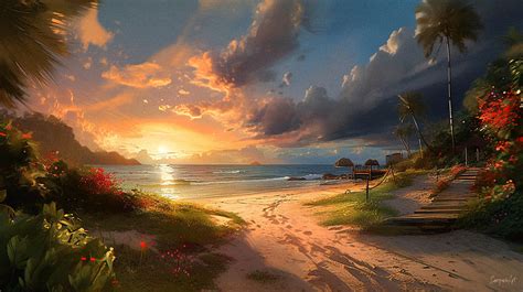 Sunset at Beach Digital Art by SampadArt Gallery - Pixels