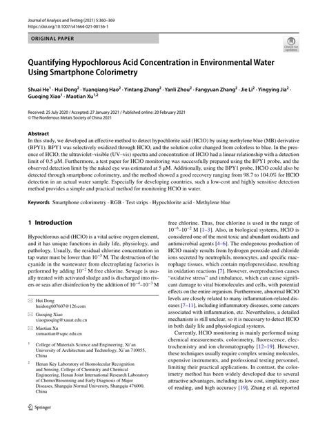 Pdf Quantifying Hypochlorous Acid Concentration In Environmental