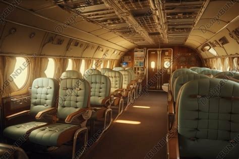 Vintage airplane cabin interior with retro seats