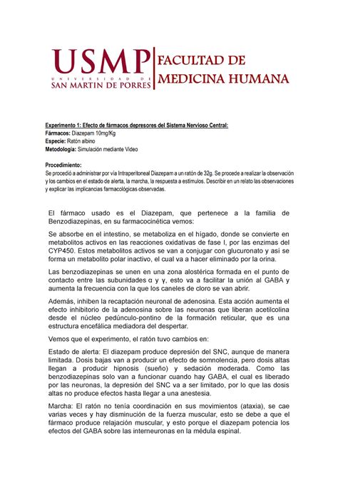 Informe Farmaco Prac El F Rmaco Usado Es El Diazepam Que Pertenece