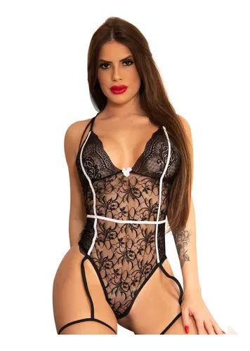 Lingerie Sexy Body Preto Renda E Rendão Sensual Ligas Parcelamento