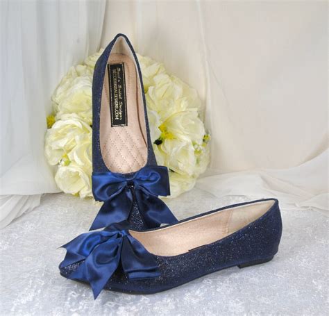 Beautiful Navy Blue Flat Wedding Shoes Rock Glitter Pointy Toe Flats