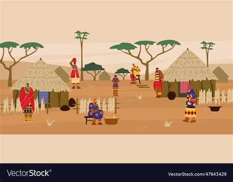 African tribal ethnic village with huts and people