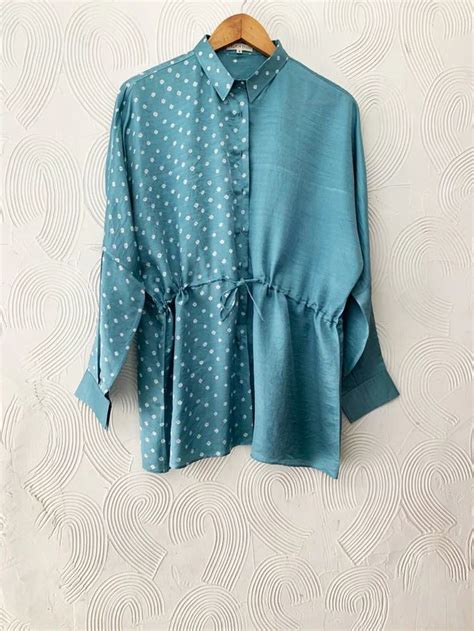 Ocean Blue Hand Done Bandhani Silk Top En