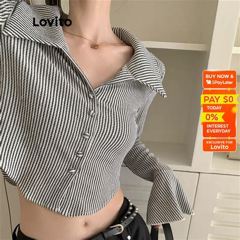 Lovito Casual Striped Button Ruffle Blouse For Women Lna Shopee