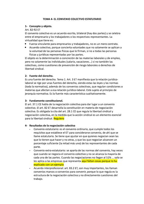 T4 Trabajo I TEMA 4 EL CONVENIO COLECTIVO ESTATUTARIO 1 Concepto Y