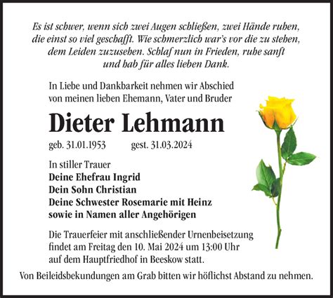 Traueranzeigen von Dieter Lehmann Märkische Onlinezeitung Trauerportal