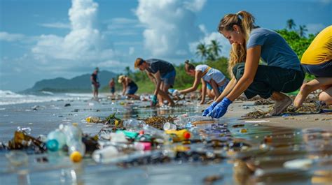 Beach Cleanup Volunteers Collecting Trash Premium AI Generated Image