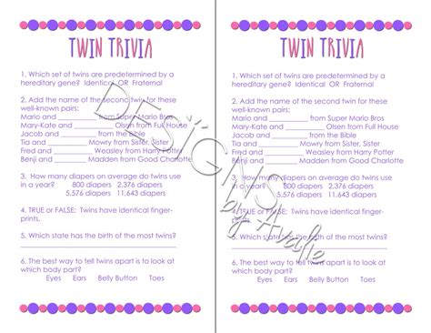 Twin Trivia Baby Shower Game For Girl Twins In By Designsbyavalie