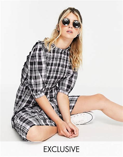 Wednesdays Girl Midi Smock Dress With Peplum Hem And Shirring In Check