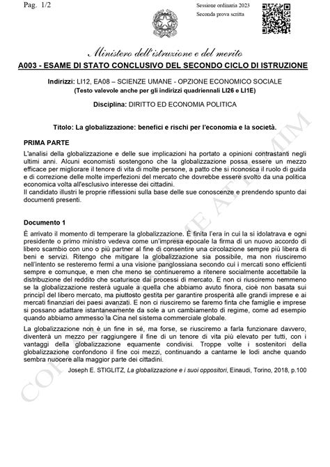 Traccia Scienze Umane Opzione Economico Sociale Seconda Prova Maturit