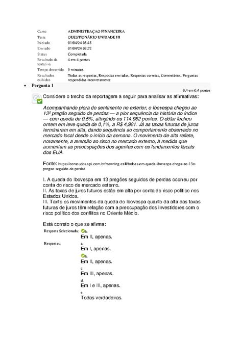 Questionario Administra Ao Financeira Curso Administra Ao