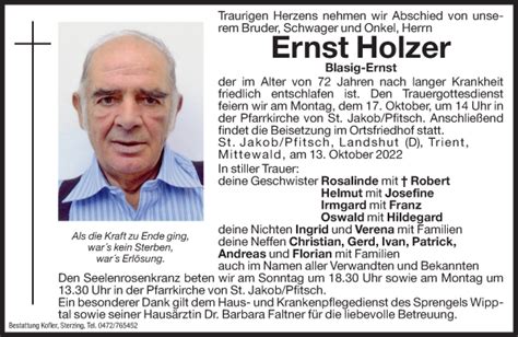 Traueranzeigen Von Ernst Holzer Trauer Bz