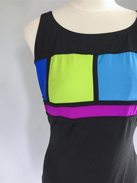 Vintage 1990s Black Rainbow Colorblock One Piece Scoop Back Swimsuit By