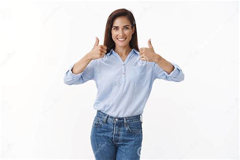 Motivated Good Looking Assertive European Brunette Woman Show Thumbs Up Positive Reply Like