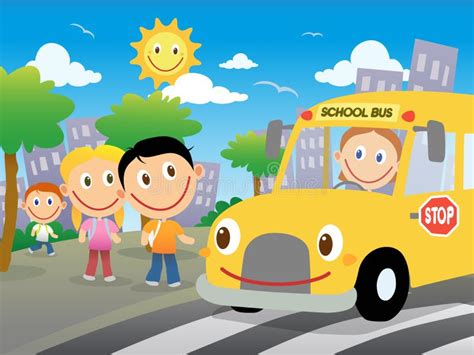 Los Niños Felices Van A Coger El Autobús Escolar Ilustración De