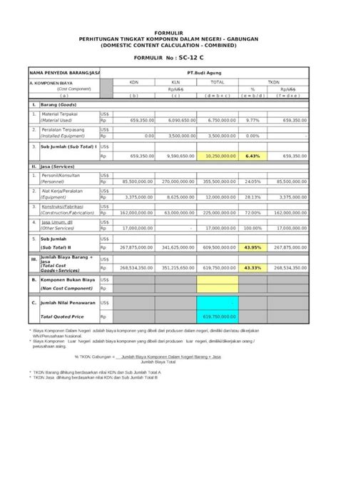 Xls Contoh Formulir Tkdn Sc 12 C Dokumentips