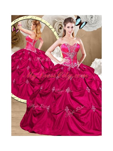 Luxurious Hot Pink Sweet 16 Dresses With Appliques And Pick Ups