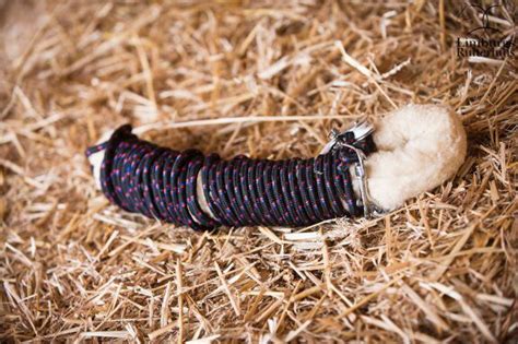 A Caterpillar Is Wrapped In A Blue And Black Striped Material On Some Straw