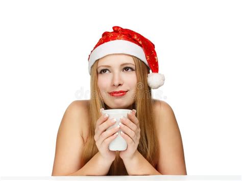 Belle Femme Santa Posant Dans Leau Avec Champagne Photo Stock Image