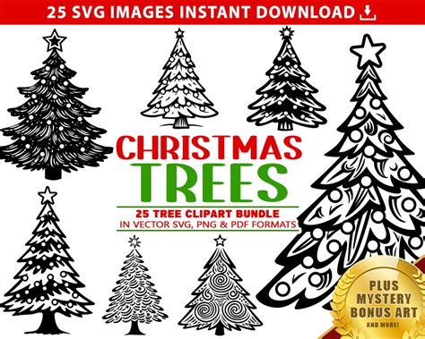 Christmas Trees Svg Holiday Svg Bundle 25 Clipart Images Festive Detailed Season Xmas Tree Cut