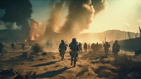 Premium Photo | Soldiers fighting at desert war generative ai