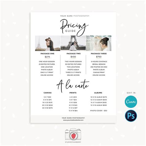 Pricing Guide Template For Photographers Photography Pricing List