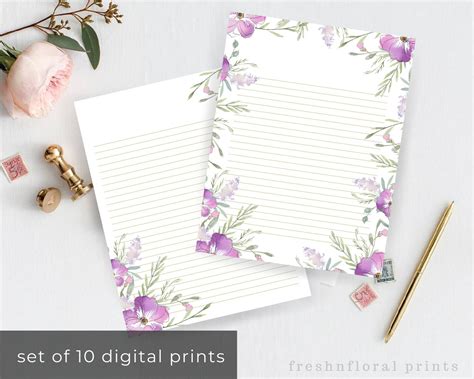 Purple Stationery Set Printable Page Letter Paper Pdf Etsy