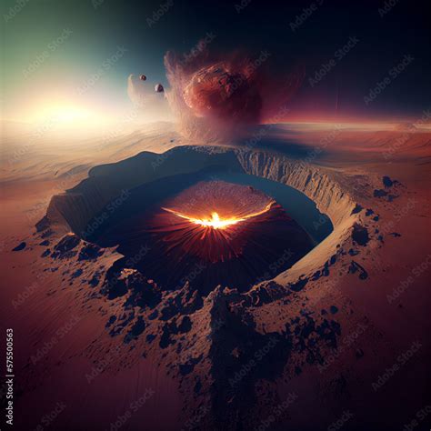 An asteroid impact leaving a large crater on a plane, created with ...