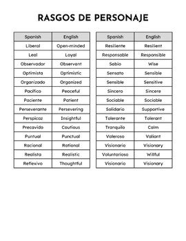 RASGOS DE PERSONAJE Spanish And English Character Traits TPT