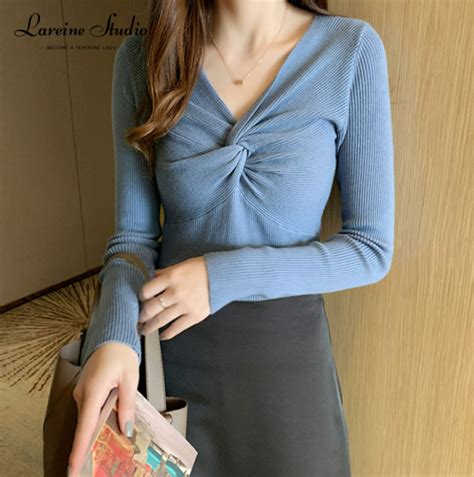 Lareine Korean Style Women Blouse Top Slim Fit Knotted V Neck Long