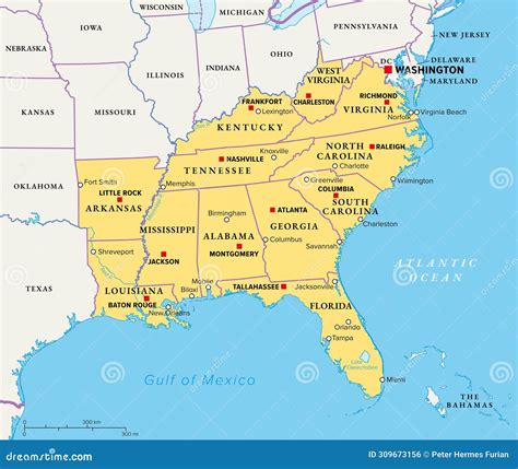 Southeast Region, the South of the United States, Political Map Stock ...