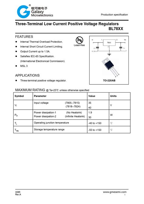 BL7807 Datasheet Three Terminal Low Current Positive Voltage Regulators